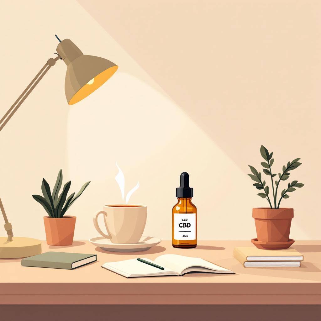 Editorial illustration of a desk corner with closed laptop, herbal tea, a plant, and a generic CBD bottle