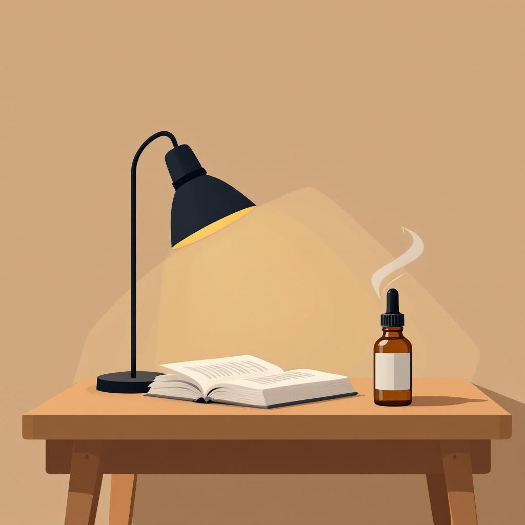 Editorial illustration of a peaceful side table with lamp, book, mug and a generic CBD bottle in evening light