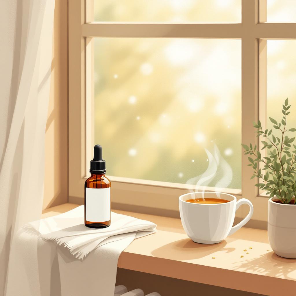 Editorial illustration of a sunny windowsill with a generic CBD bottle, herbal tea, and a handkerchief during spring allergy season