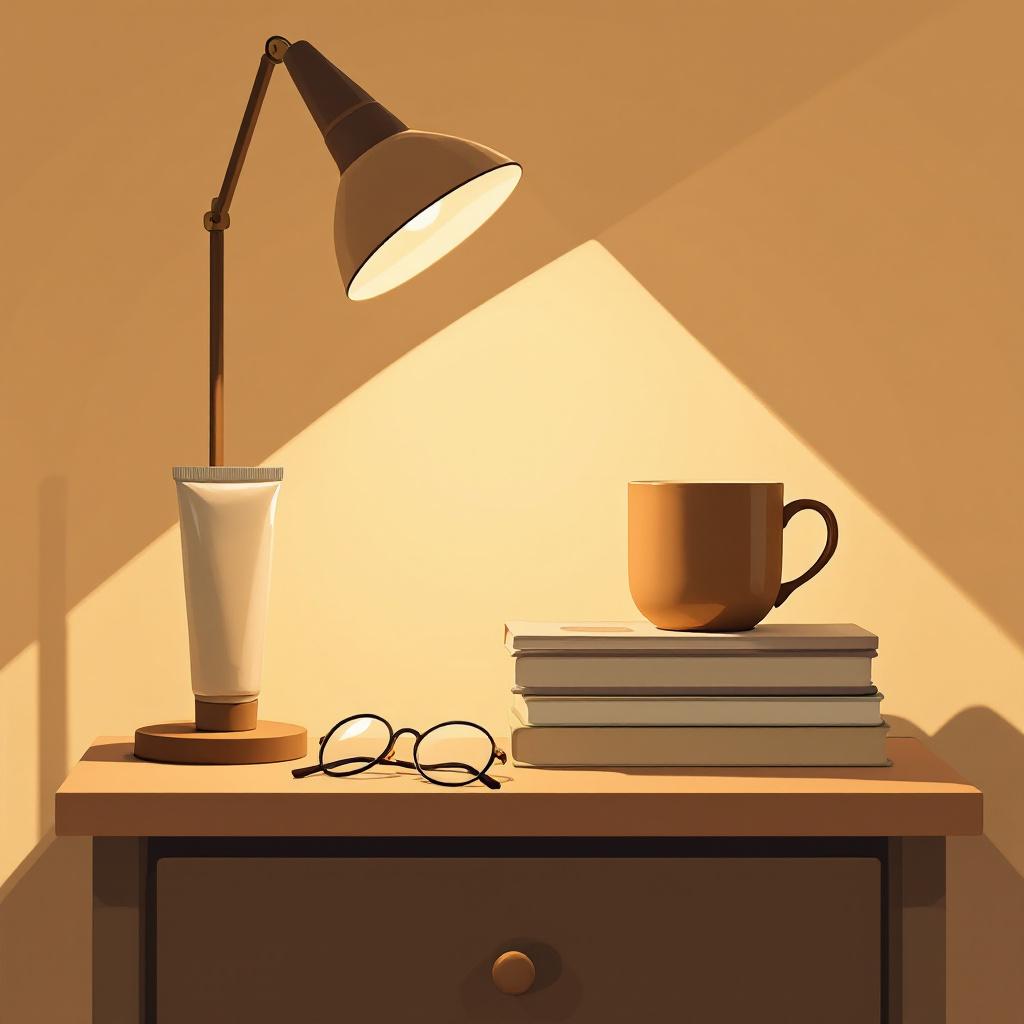 Topical cream on a nightstand with evening reading materials