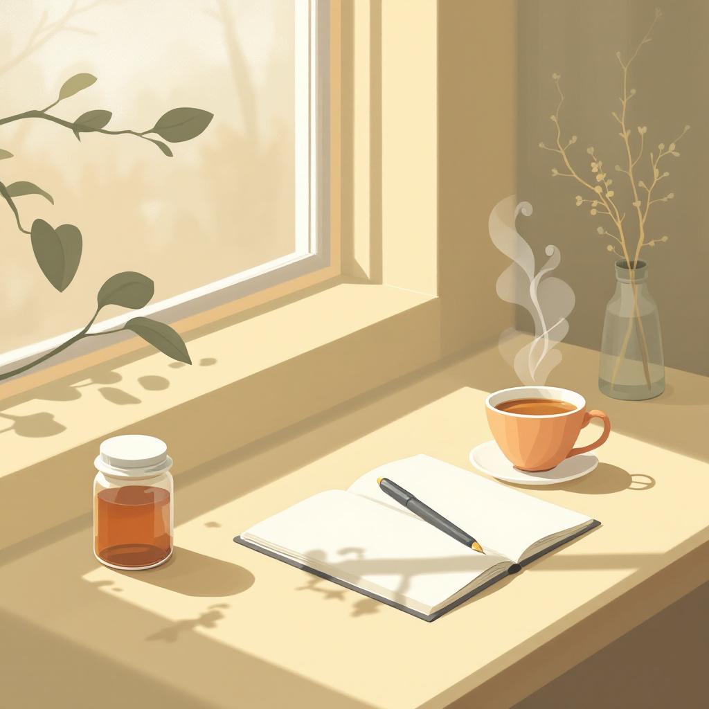 Wellness products on a desk with notebook and tea