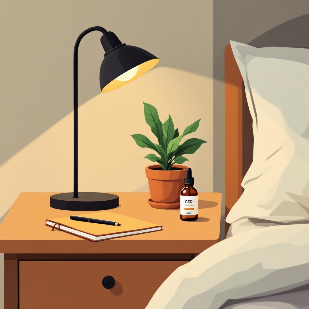 Editorial illustration of a calm nightstand with a lamp, plant, journal and a generic CBD bottle
