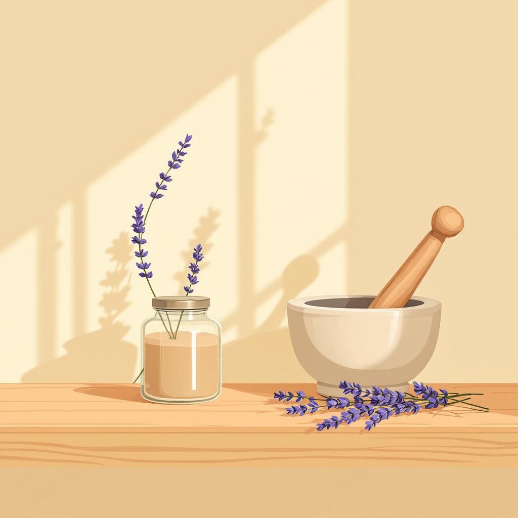 Natural wellness products with herbs on a wooden shelf